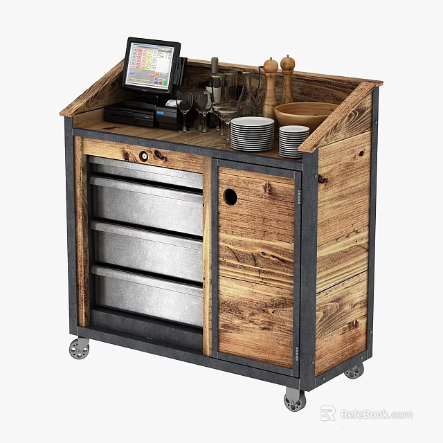 Commercial Mobile Serving Cart With Wooden Construction Metal Frame Wheels Tablet And Dishes 3d model 