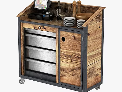 Commercial Mobile Serving Cart With Wooden Construction Metal Frame Wheels Tablet And Dishes 3d model