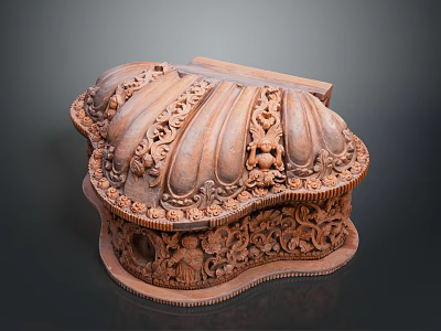 Intricate Carved Sculpture Decorative Wooden Box With Shell Shaped Lid And Floral Patterns 3d model
