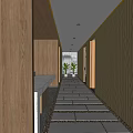 Modern Office Corridor With Black And White Floor Tiles Wooden Panel Walls And Recessed Lighting