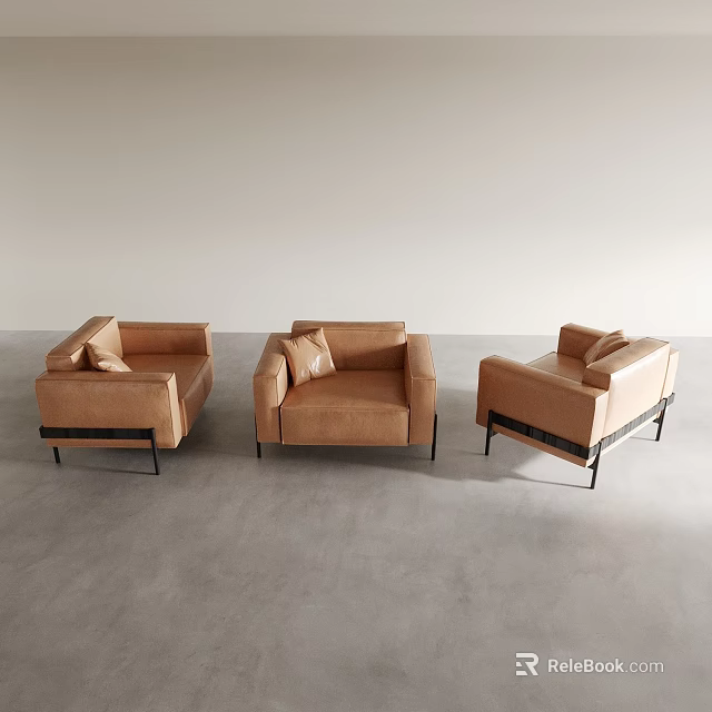 Three Modern Tan Leather Single Sofas With Black Metal Legs And Cushions 3d model