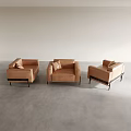 Three Modern Tan Leather Single Sofas With Black Metal Legs And Cushions 3d model
