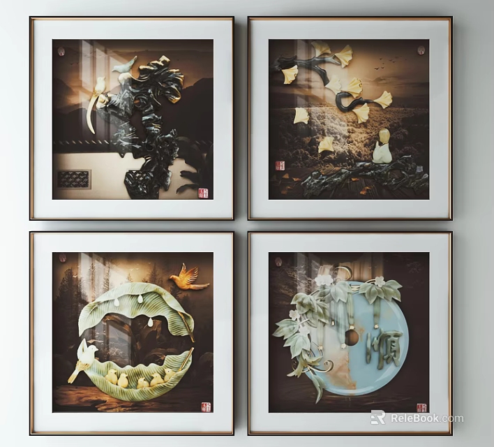 Chinese Style Framed Decorative Artworks With Dragon Butterfly Lotus And Musical Instrument 3d model 