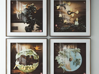 Chinese Style Framed Decorative Artworks With Dragon Butterfly Lotus And Musical Instrument 3d model