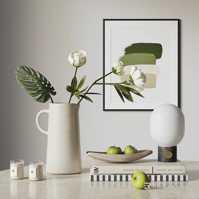 Elegant Ornamental Decor Set With White Vase Flowers Monstera Leaves Green Apples And Table Lamp 3d model 