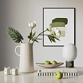Elegant Ornamental Decor Set With White Vase Flowers Monstera Leaves Green Apples And Table Lamp