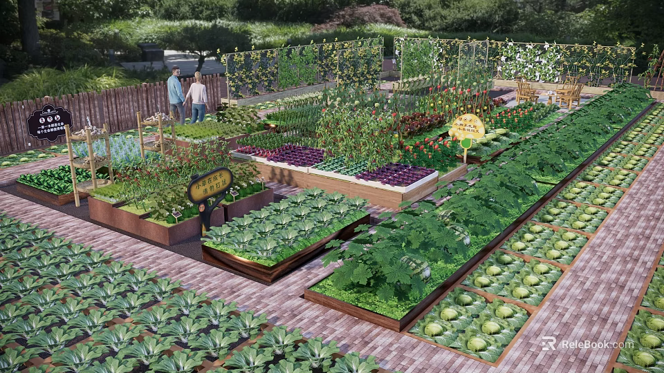 Organic Vegetable Garden Landscape With Wooden Planters Various Vegetables Signs And Fence 3d model 