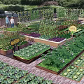 Organic Vegetable Garden Landscape With Wooden Planters Various Vegetables Signs And Fence