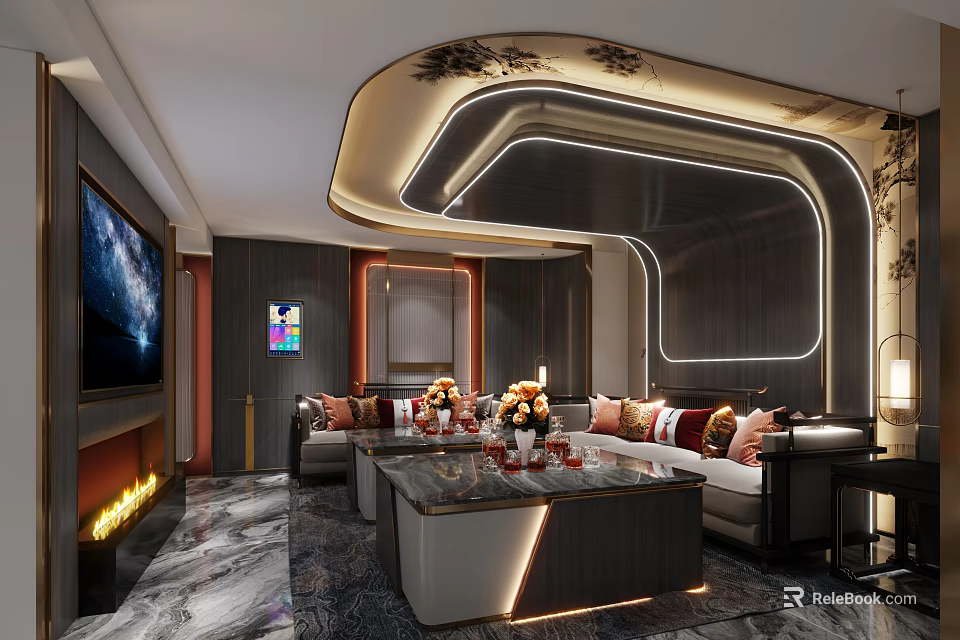 Modern KTV Lounge Interior With Comfortable Sofas Coffee Table TV And Decorative Lighting 3d model