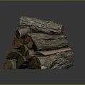 Stacked Natural Wood Logs With Green Mossy Bark And Smooth Cross Sections