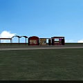 Red Bus Stop Roadside Facilities with Curved Shelter Seats and Billboards Under Blue Sky