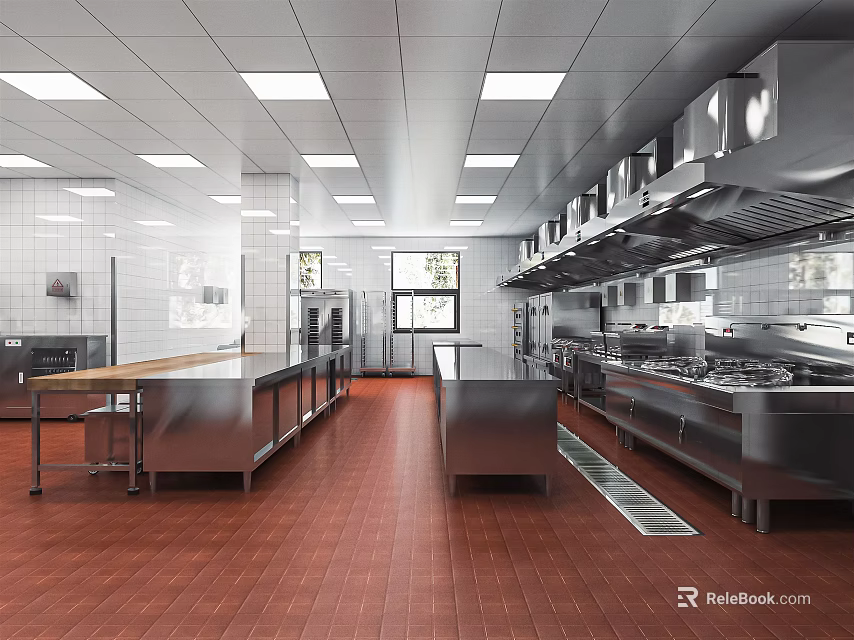 Spacious Commercial Kitchen With Stainless Steel Appliances Worktables Bright Lighting And Tile Flooring 3d model 