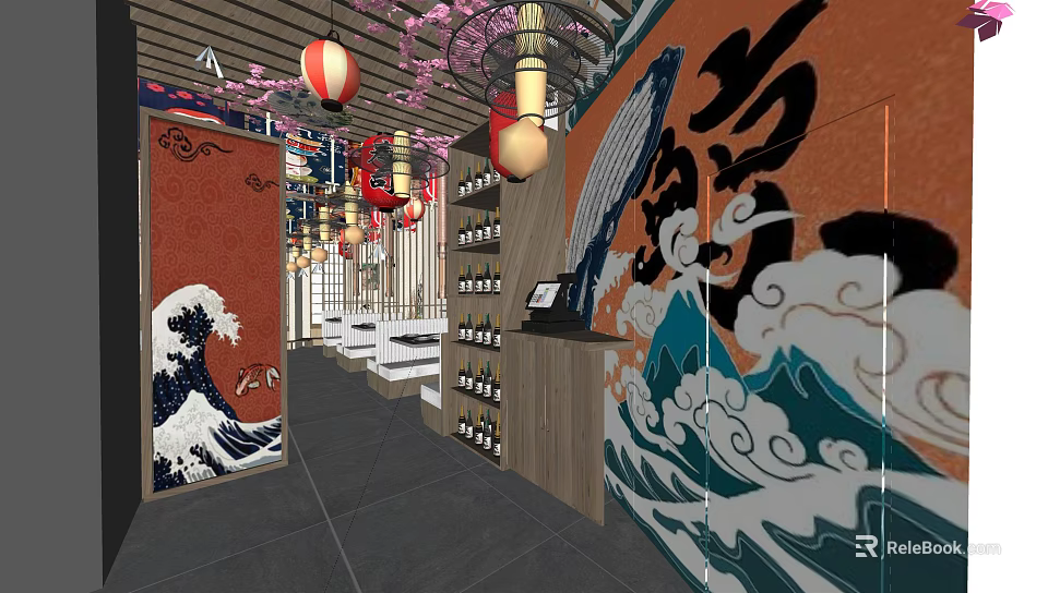 Japanese Style Restaurant Interior With Red Lanterns Cherry Blossom Decor Wave Murals And Wine Racks 3d model 