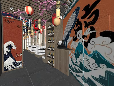 Japanese Style Restaurant Interior With Red Lanterns Cherry Blossom Decor Wave Murals And Wine Racks 3d model