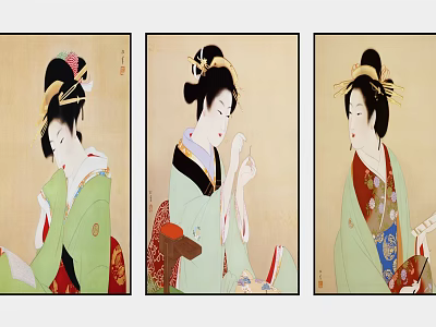 Traditional Japanese Figure Paintings Of Geisha Women In Kimono With Ornate Hairstyles 3d model