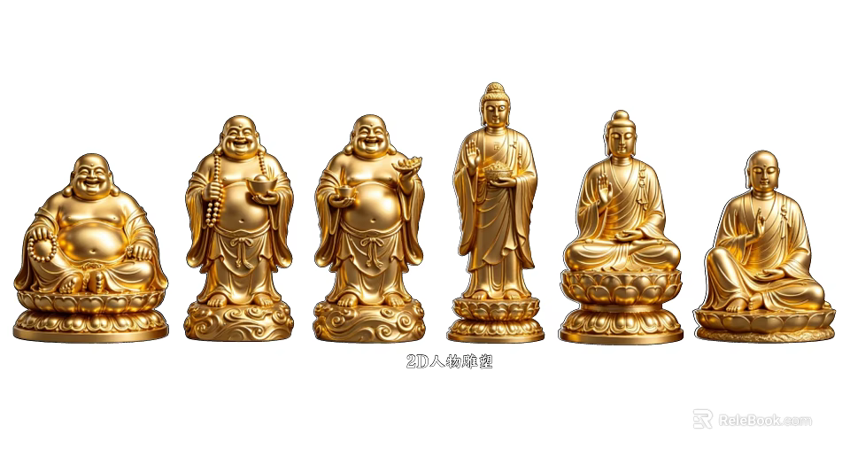 Traditional Golden Buddha Landscape Sculptures With Multiple Different Postures And Lotus Base 3d model 