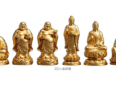 Traditional Golden Buddha Landscape Sculptures With Multiple Different Postures And Lotus Base 3d model