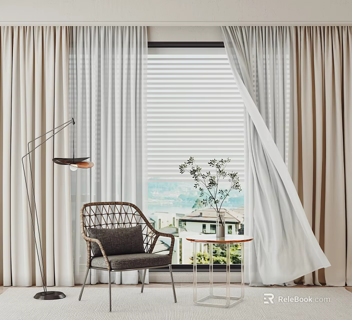 Elegant Light Colored Curtains With Venetian Blinds Wicker Chair Plant Floor Lamp And View 3d model 