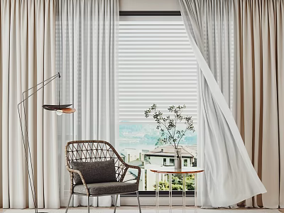 Elegant Light Colored Curtains With Venetian Blinds Wicker Chair Plant Floor Lamp And View 3d model