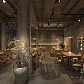 Industrial Style Restaurant Interior With Wooden Tables Chairs And Hanging Pendant Lights