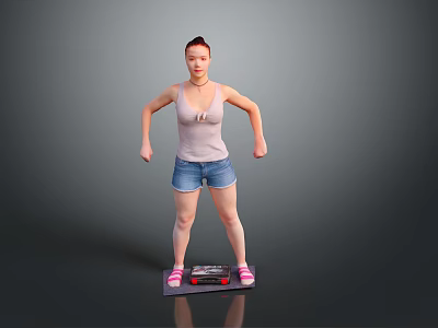 Woman Standing On Weight Scale Wearing Pink Vest Denim Shorts And Pink Slippers 3d model