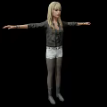 Blonde Woman With Arms Outstretched Wearing Black Jacket White Shorts Gray Boots Against Black Background