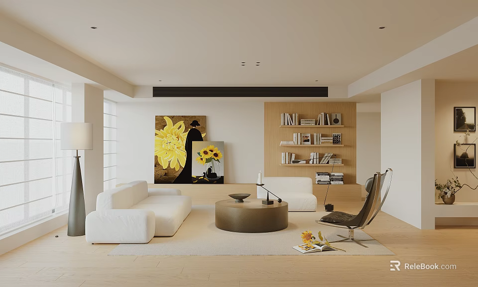 Modern Living Room With White Sofas Round Coffee Table And Bookshelves 3d model 
