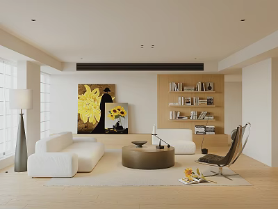 Modern Living Room With White Sofas Round Coffee Table And Bookshelves 3d model
