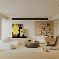 Modern Living Room With White Sofas Round Coffee Table And Bookshelves