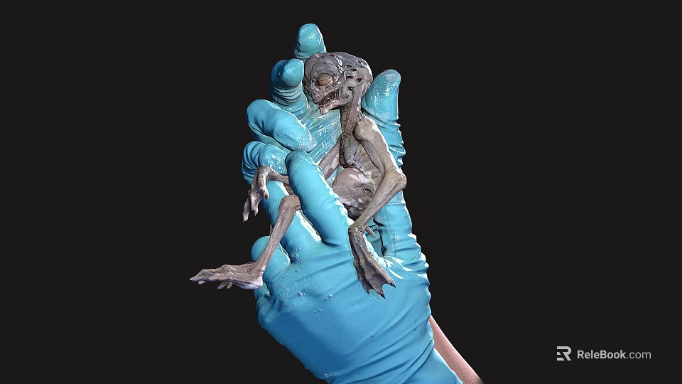 Game Movie Character Blue Gloved Hand Holding Small Bony Monster With Wrinkled Skin Menacing Expression 3d model 