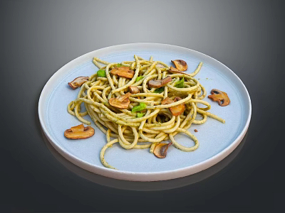 Delicious Spaghetti Tossed With Fresh Mushrooms And Green Onions On White Plate 3d model