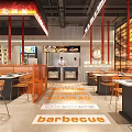 Modern Restaurant Interior With Orange Decor Neon Patterns Dining Tables And Ambient Lighting 3d model