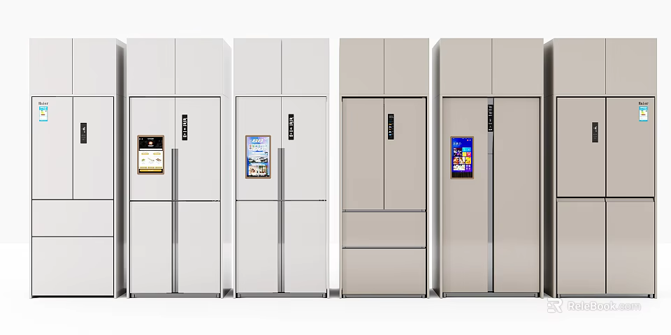 Various Modern Refrigerators With Different Styles White Beige Colors And Digital Display Panels 3d model 