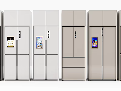 Various Modern Refrigerators With Different Styles White Beige Colors And Digital Display Panels 3d model