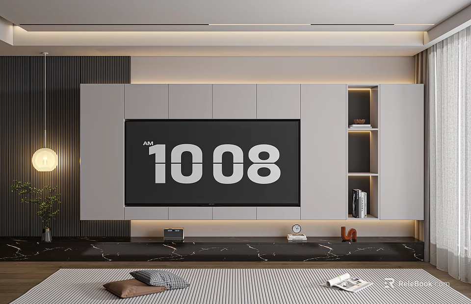 Modern TV Background Wall Design With Marble Shelves Lighting And Digital 3d model 