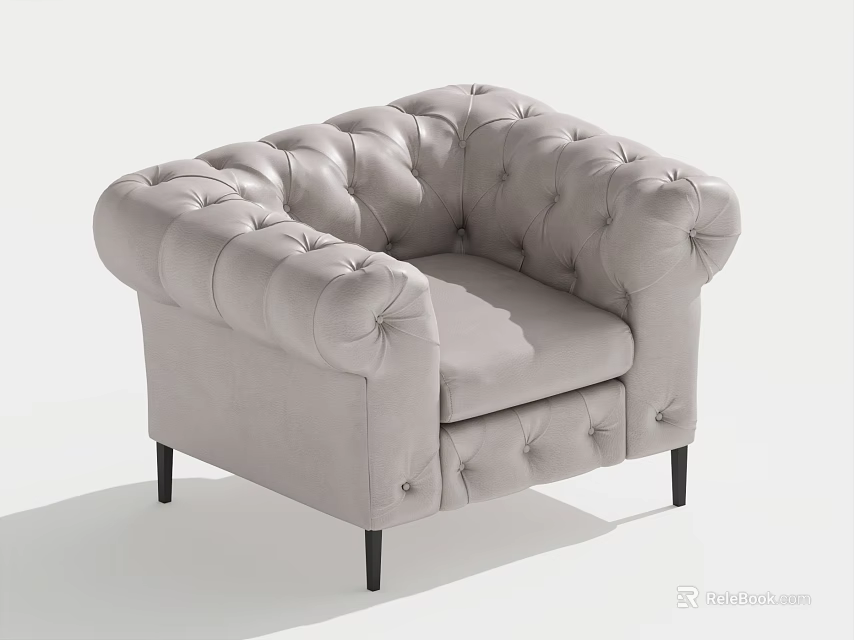 Light Gray Tufted Single Sofa With Rolled Arms And Black Legs Design 3d model