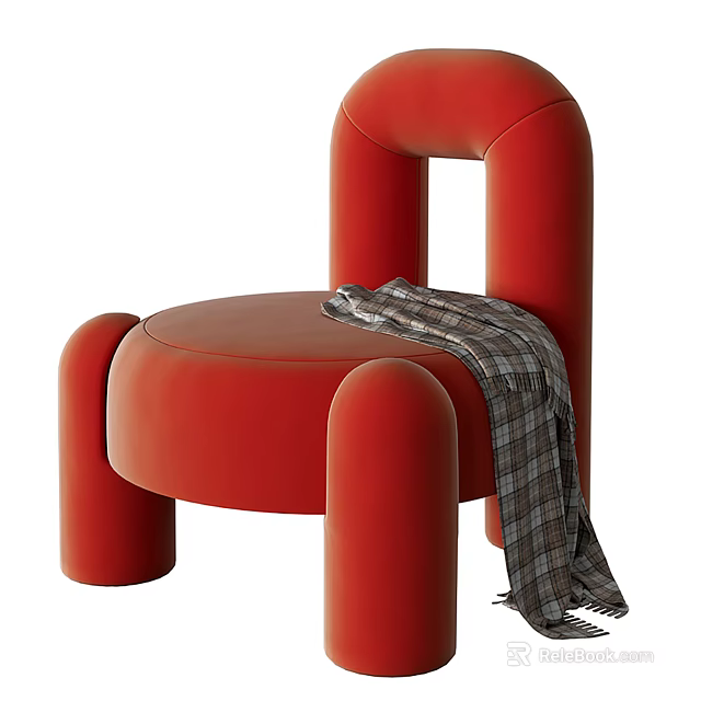 Modern Red Leather Accent Chair With Curved Arms Legs And Plaid Blanket 3d model 