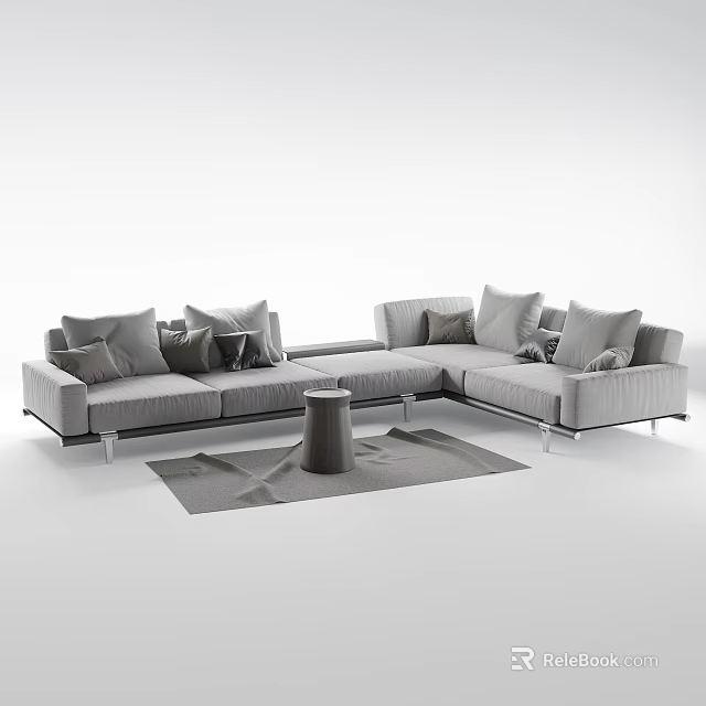 Modern Gray Multi Person Sectional Sofa With Plush Cushions Side Table And Area Rug 3d model
