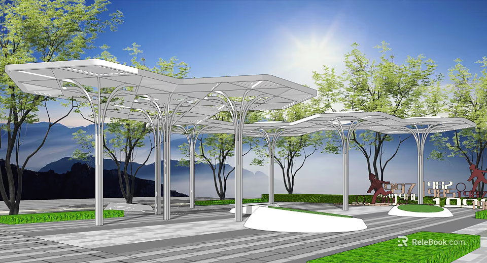 Modern Garden Landscape With White Canopy Structures Green Trees And Sunlit Paved Pathway 3d model