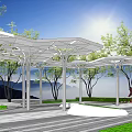 Modern Garden Landscape With White Canopy Structures Green Trees And Sunlit Paved Pathway 3d model