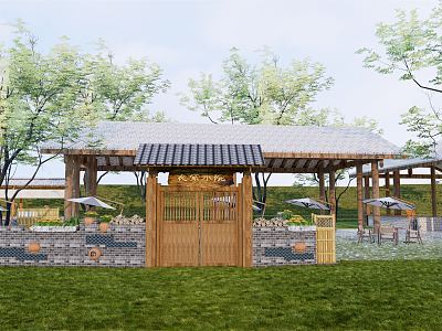 New Chinese style gate courtyard wall model