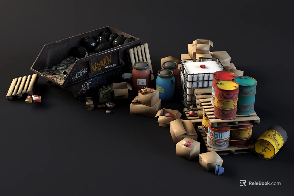 Public Waste Management Facility With Trash Bin Wooden Crates Oil Drums And Cardboard Boxes 3d model 