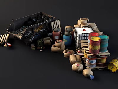 Public Waste Management Facility With Trash Bin Wooden Crates Oil Drums And Cardboard Boxes 3d model