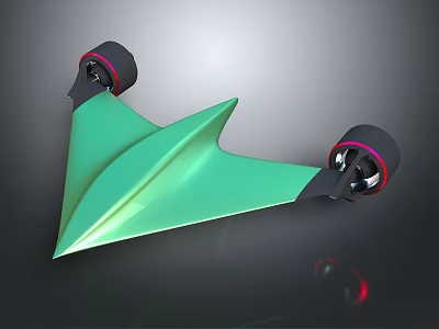 Futuristic Green Paper Plane Shaped Toy With Black Wheels And Red Accents 3d model