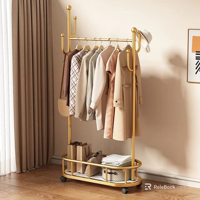 Golden Clothes Rack With Hanging Clothes Bags And Folded Items In Home Interior 3d model 