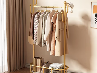 Golden Clothes Rack With Hanging Clothes Bags And Folded Items In Home Interior 3d model