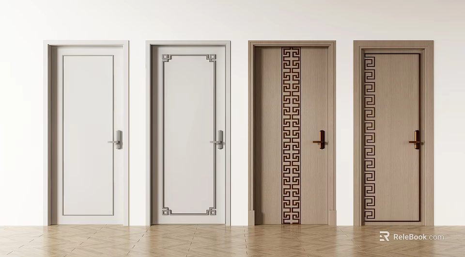Stylish Swing Doors Featuring Various Decorative Patterns And Different Color Finishes In Modern Interior 3d model