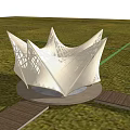 Modern Star Shaped Pergola With Tensile Membrane Surrounded By Green Fields And Wooden Walkway