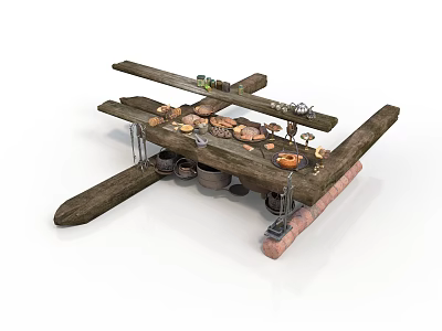 Rustic Wooden Furniture Display Stand With Multi Tiered Layers Featuring Plates Jars And Decorative Items 3d model