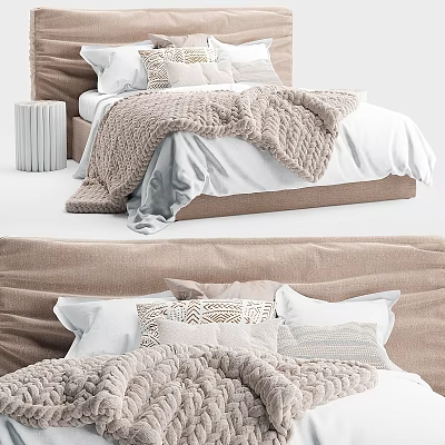 Cozy Modern Double Bed With Beige Upholstered Headboard Knitted Blanket And White Sheets 3d model